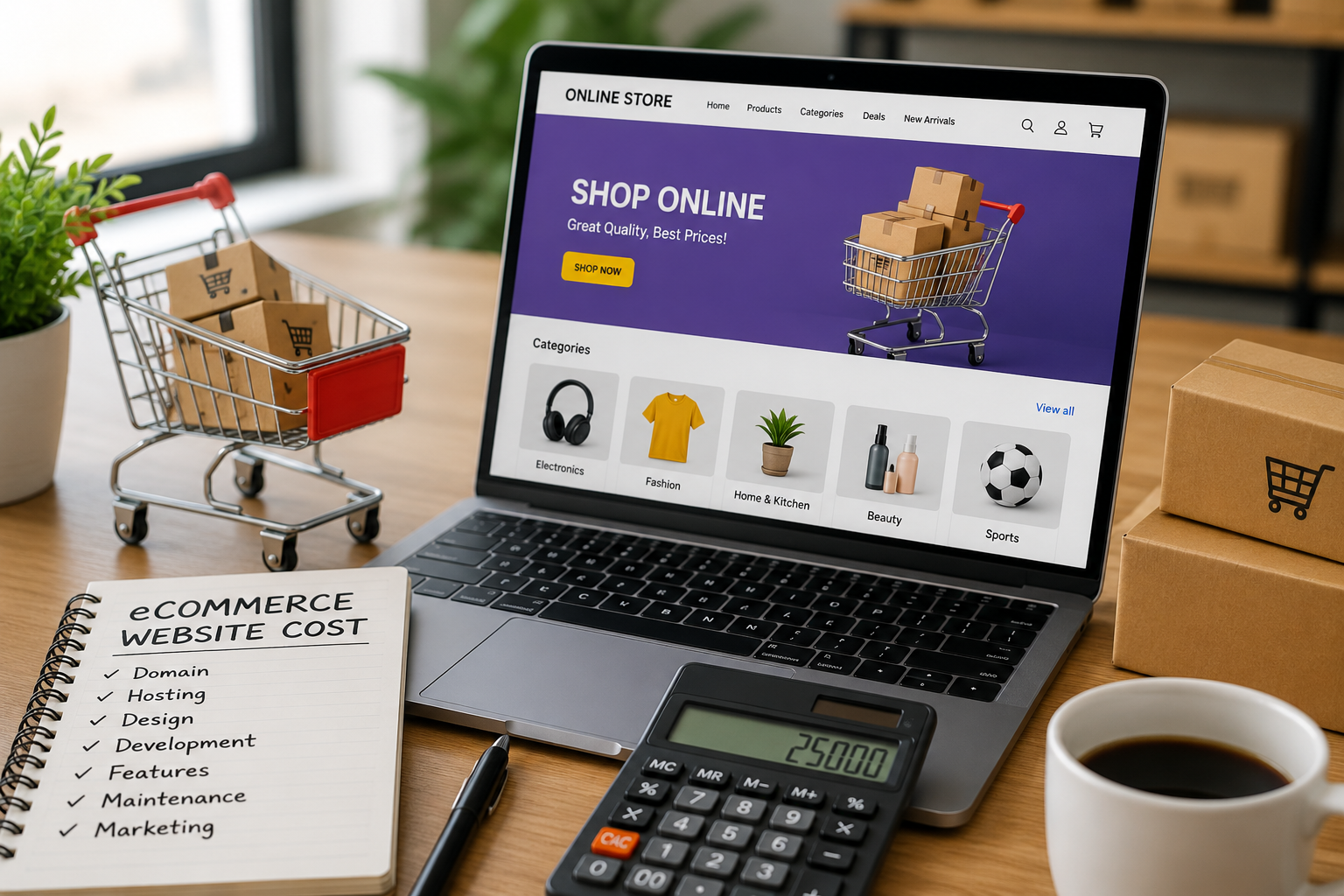 Online store on a laptop with a shopping cart